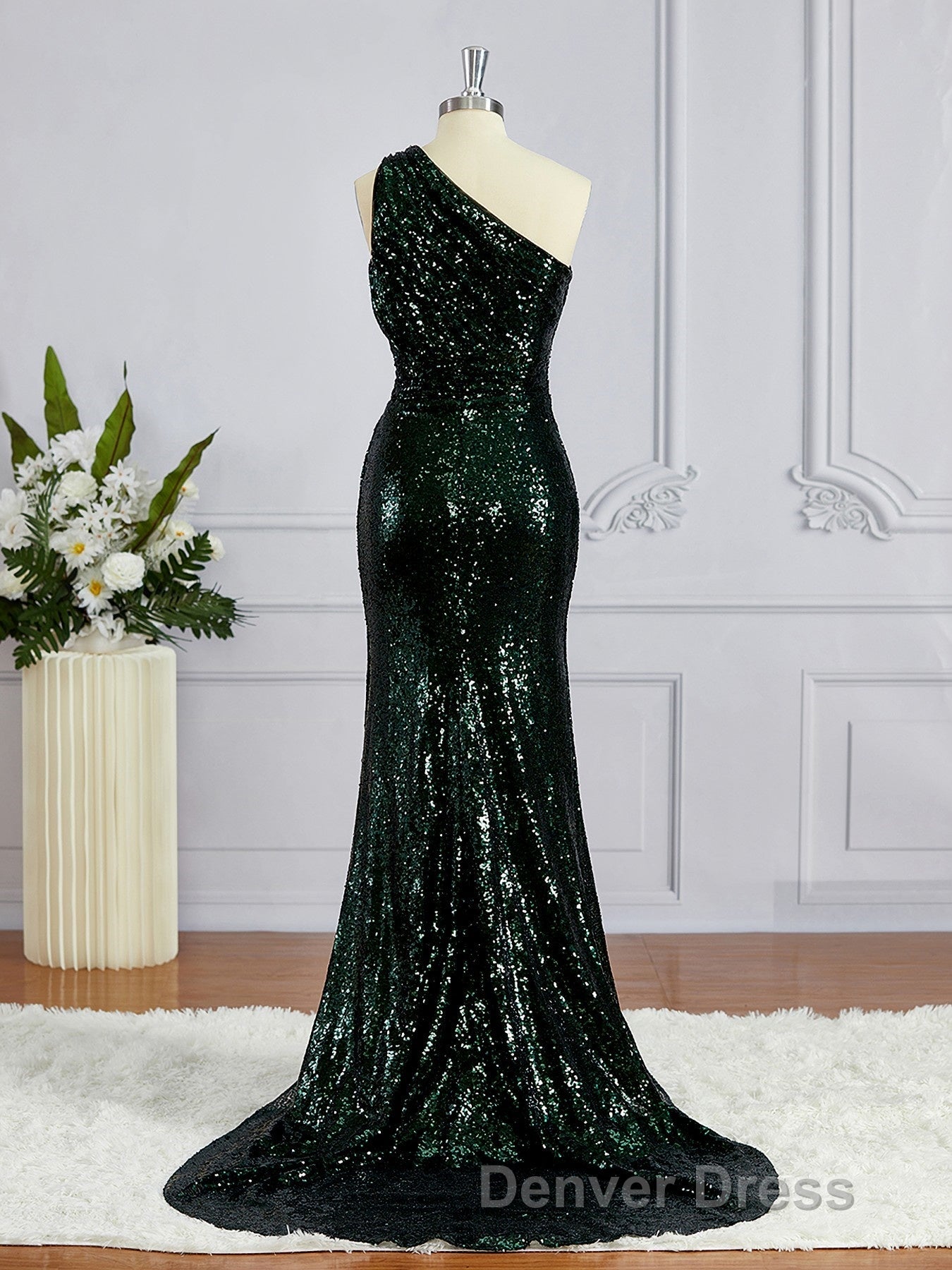 Sheath Column One Shoulder Sweep Train Sequins Bridesmaid Dresses