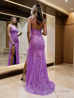 Sheath Column One Shoulder Sweep Train Sequins Prom Dresses With Leg Slit