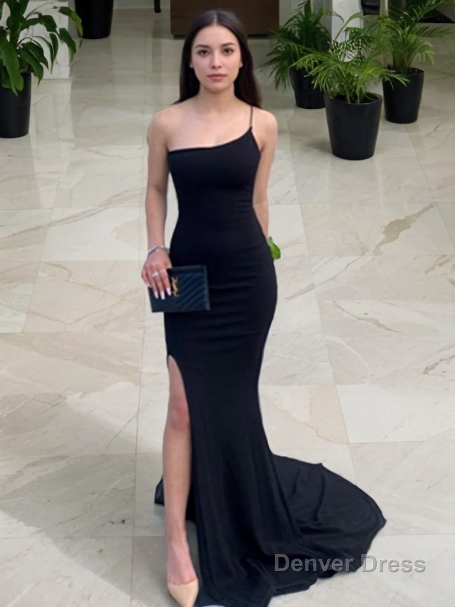 Sheath Column One Shoulder Sweep Train Stretch Crepe Prom Dresses With Leg Slit Main image