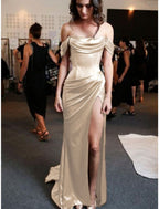 Sheath Column Prom Dress Minimalist Dresses Prom Sweep Brush Train Sleeveless Strapless Charmeuse With Pleats Ruched Slit