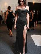 Sheath Column Prom Dress Minimalist Dresses Prom Sweep Brush Train Sleeveless Strapless Charmeuse With Pleats Ruched Slit