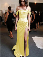 Sheath Column Prom Dress Minimalist Dresses Prom Sweep Brush Train Sleeveless Strapless Charmeuse With Pleats Ruched Slit
