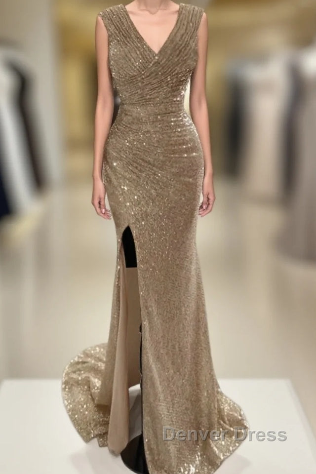 Sheath / Column Prom Dresses Sparkle & Shine Dresses Cocktail Party Sweep / Brush Train Sleeveless V Neck Sequined With Glitter Ruched Slit Main image