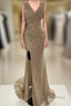 Sheath / Column Prom Dresses Sparkle & Shine Dresses Cocktail Party Sweep / Brush Train Sleeveless V Neck Sequined With Glitter Ruched Slit