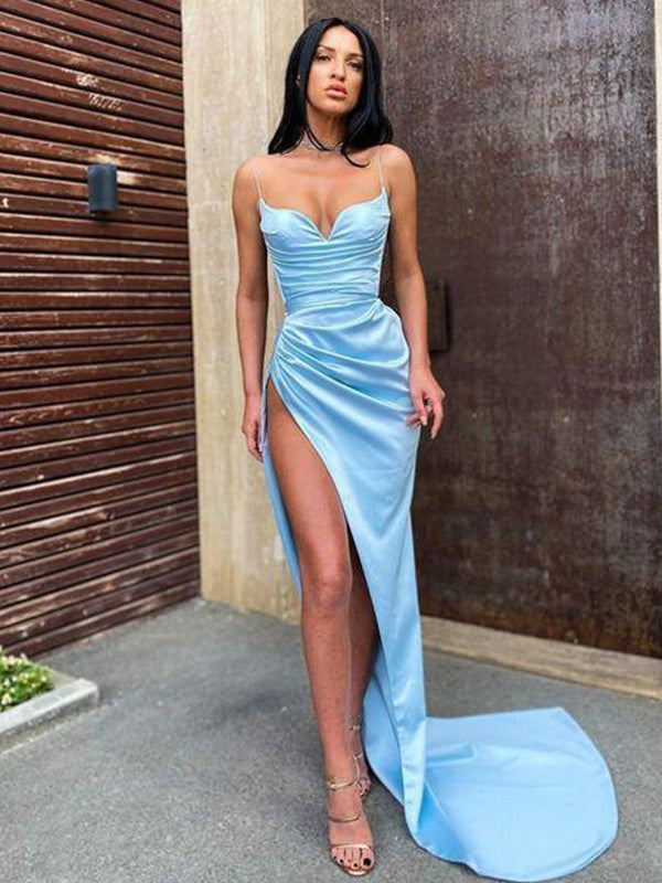 Sheath/Column Satin Spaghetti Straps Sleeveless Ruched Sweep/Brush Train Prom Dresses