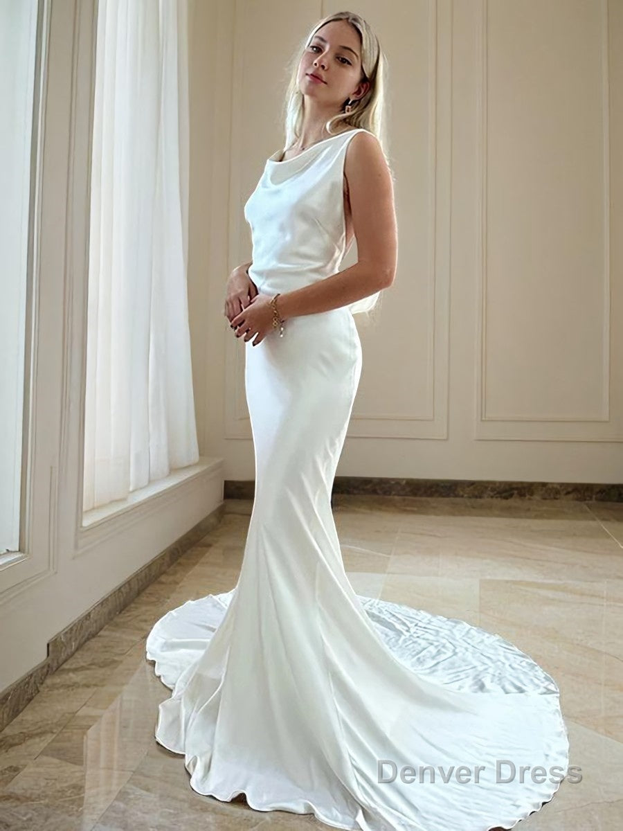 Sheath/Column Scoop Court Train Silk like Satin Wedding Dresses Main image