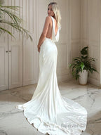 Sheath Column Scoop Court Train Silk like Satin Wedding Dresses