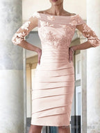 Sheath Column Scoop Knee Length Satin Mother of the Bride Dresses With Appliques Lace