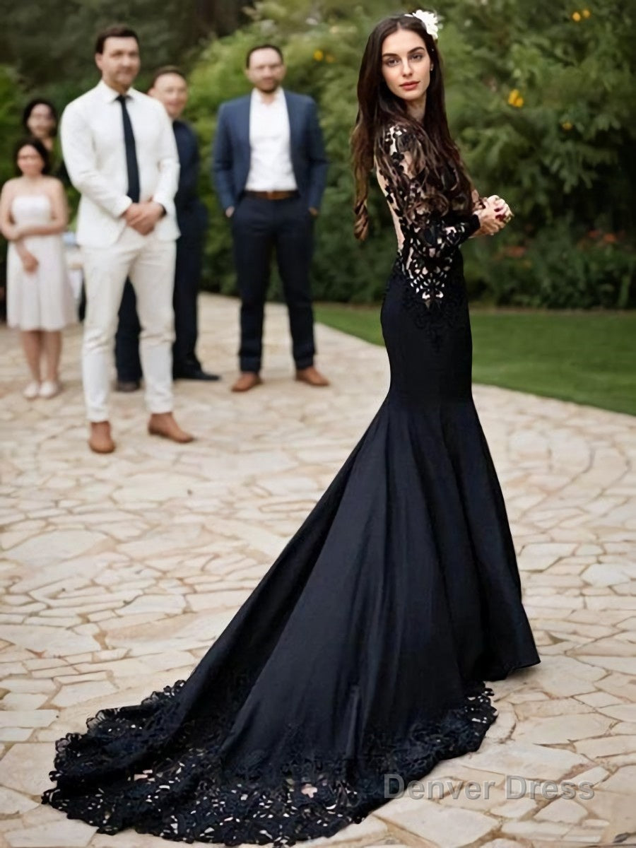 Sheath Column Scoop Sweep Train Stretch Crepe Prom Dresses With Appliques Lace Main image
