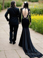 Sheath Column Scoop Sweep Train Stretch Crepe Prom Dresses With Appliques Lace