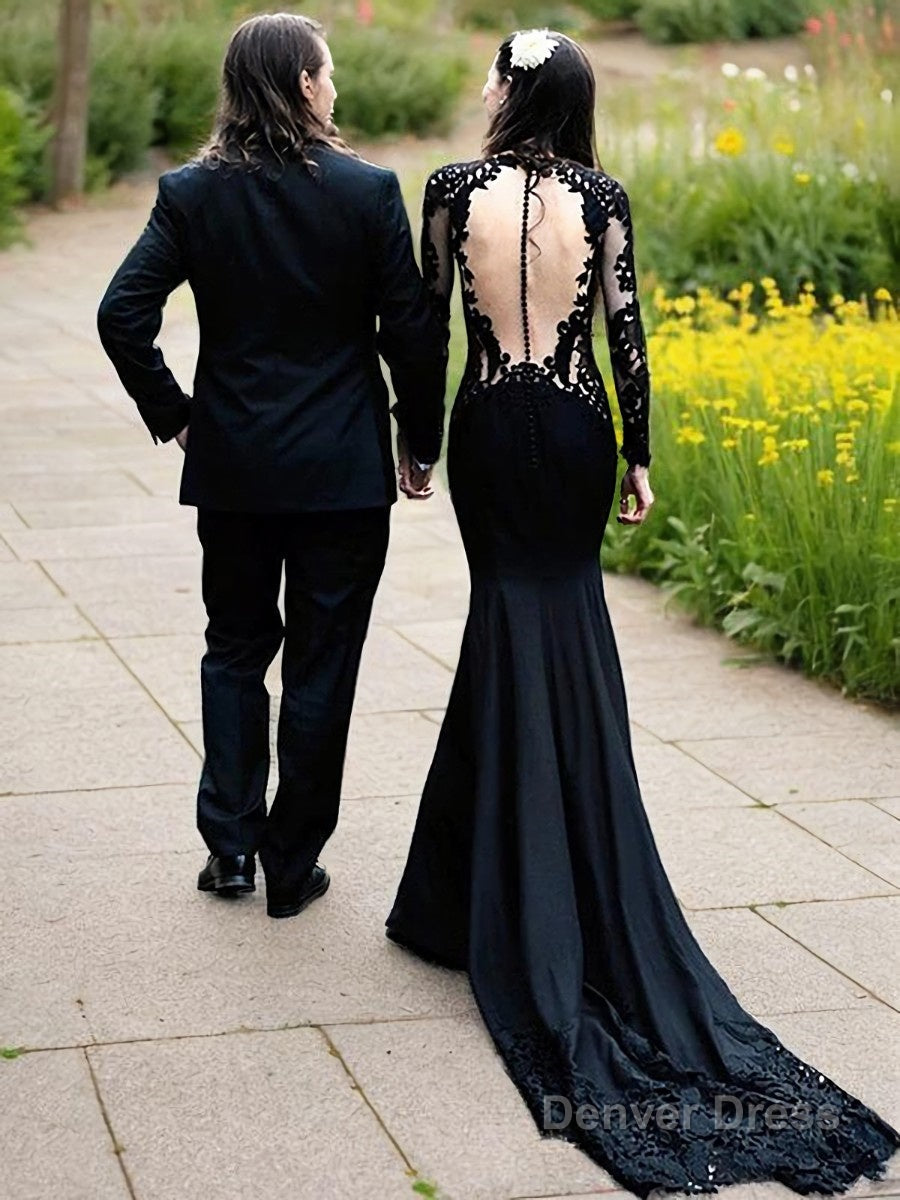 Sheath Column Scoop Sweep Train Stretch Crepe Prom Dresses With Appliques Lace