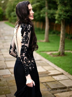 Sheath Column Scoop Sweep Train Stretch Crepe Prom Dresses With Appliques Lace