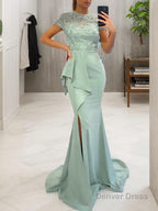 Sheath Column Scoop Sweep Train Stretch Crepe Prom Dresses With Leg Slit