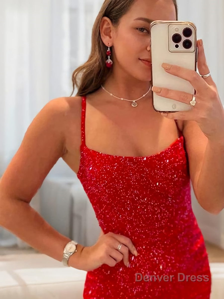 Sheath Column Spaghetti Straps Short Mini Homecoming Dresses With Leg Slit