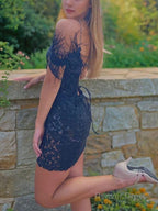 Sheath Column Spaghetti Straps Short Mini Lace Applique Homecoming Dresses