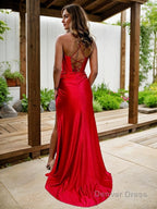 Sheath Column Spaghetti Straps Sweep Train Elastic Woven Satin Prom Dresses With Leg Slit