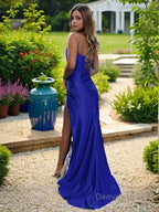 Sheath Column Spaghetti Straps Sweep Train Elastic Woven Satin Prom Dresses With Leg Slit