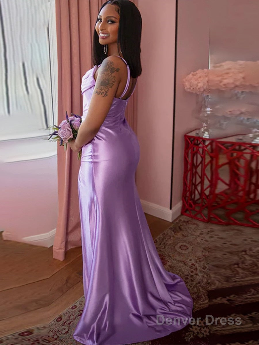 Sheath Column Spaghetti Straps Sweep Train Elastic Woven Satin Prom Dresses With Leg Slit Secondary image