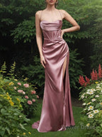 Sheath Column Spaghetti Straps Sweep Train Elastic Woven Satin Prom Dresses With Leg Slit