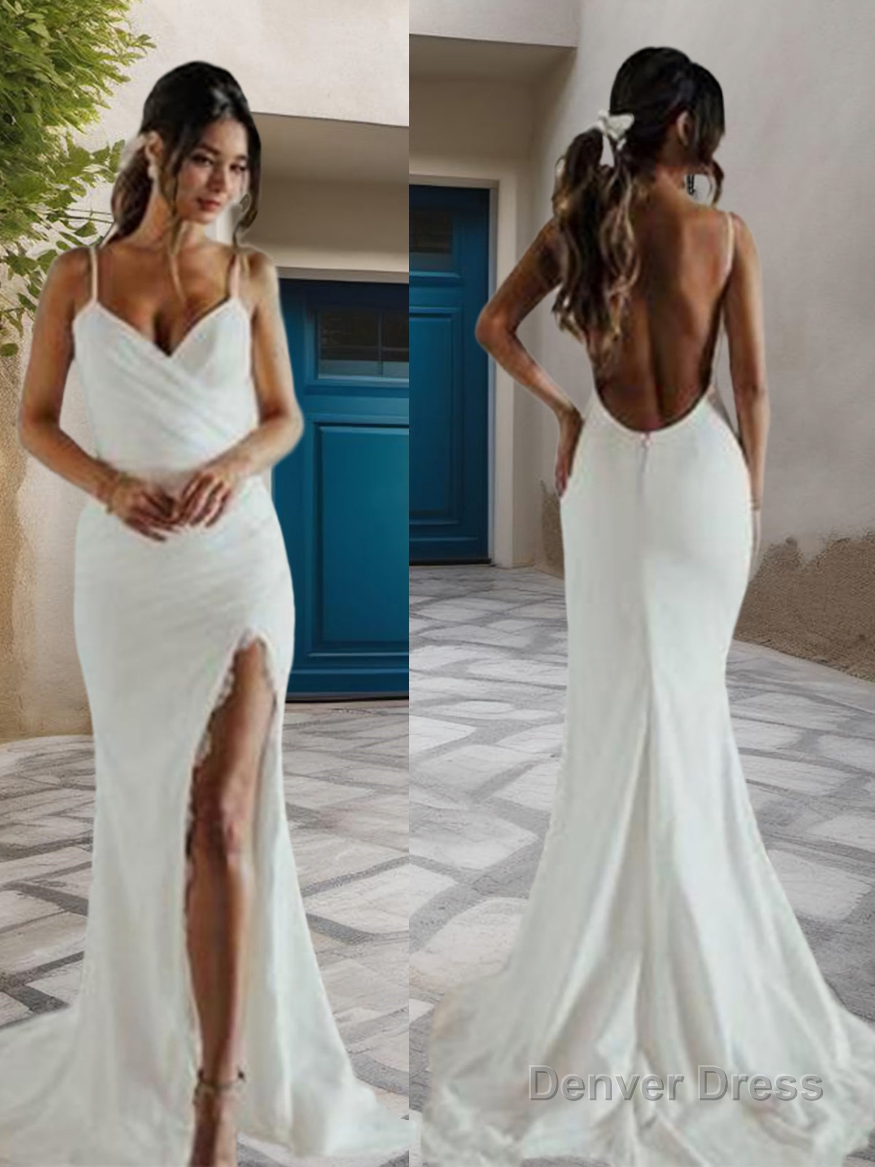 Sheath/Column Spaghetti Straps Sweep Train Jersey Wedding Dresses Secondary image