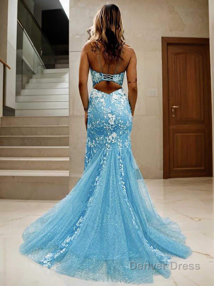 Sheath Column Spaghetti Straps Sweep Train Lace Prom Dresses With Leg Slit