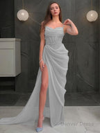 Sheath Column Spaghetti Straps Sweep Train Organza Prom Dresses With Leg Slit