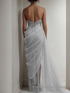 Sheath Column Spaghetti Straps Sweep Train Organza Prom Dresses With Leg Slit