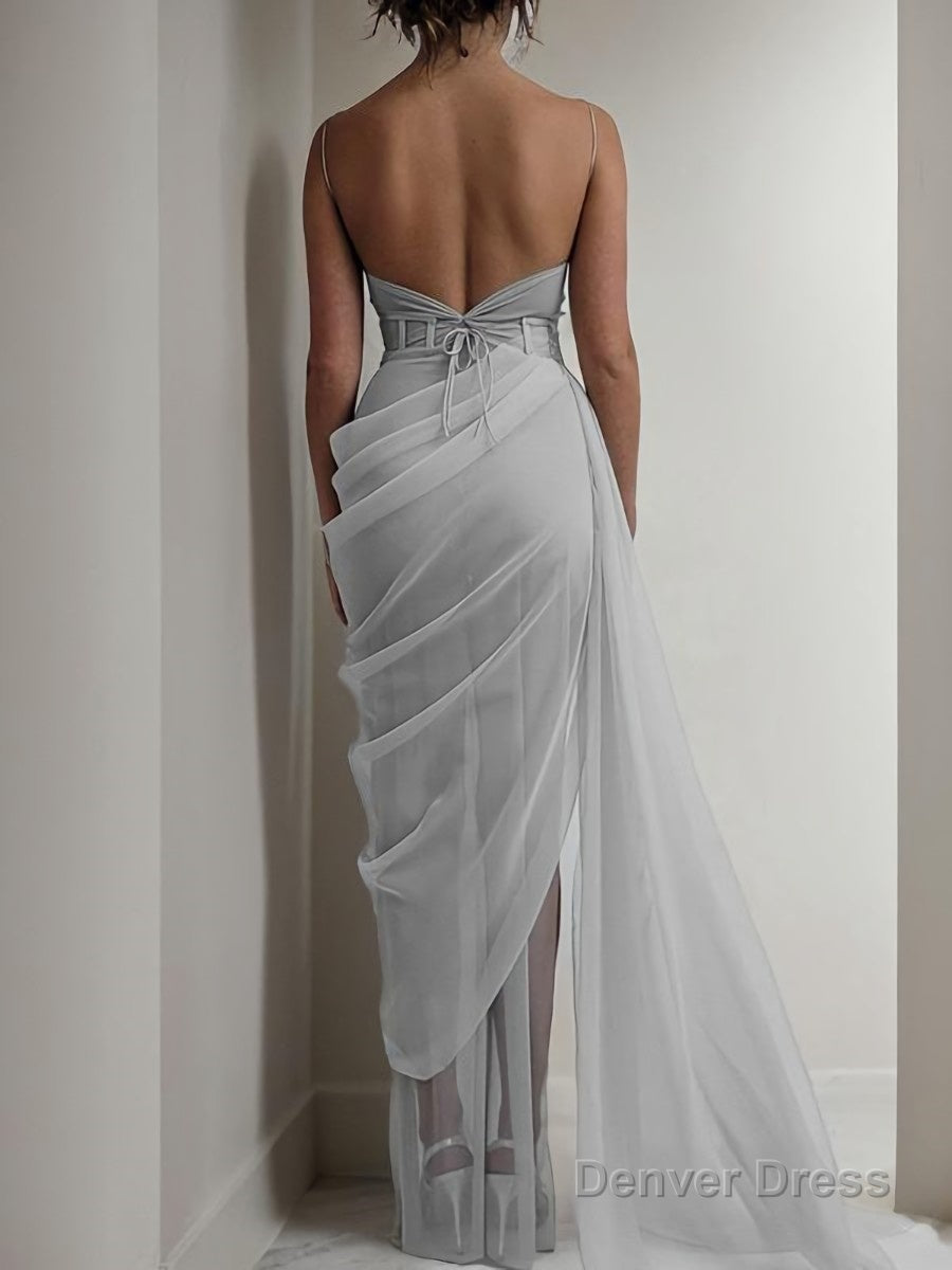 Sheath Column Spaghetti Straps Sweep Train Organza Prom Dresses With Leg Slit
