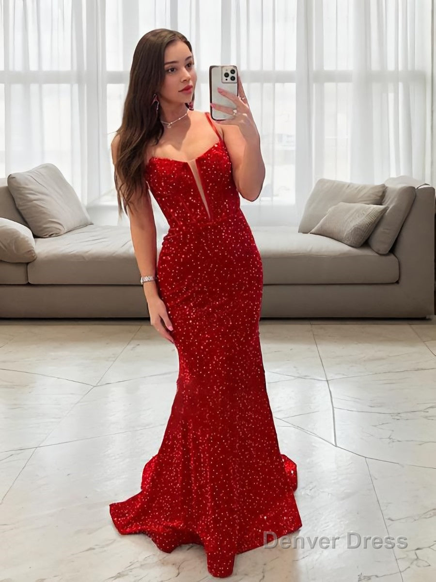 Sheath Column Spaghetti Straps Sweep Train Prom Dresses