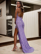 Sheath Column Spaghetti Straps Sweep Train Prom Dresses With Leg Slit