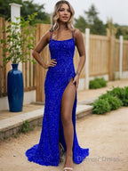 Sheath Column Spaghetti Straps Sweep Train Prom Dresses With Leg Slit