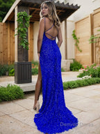 Sheath Column Spaghetti Straps Sweep Train Prom Dresses With Leg Slit