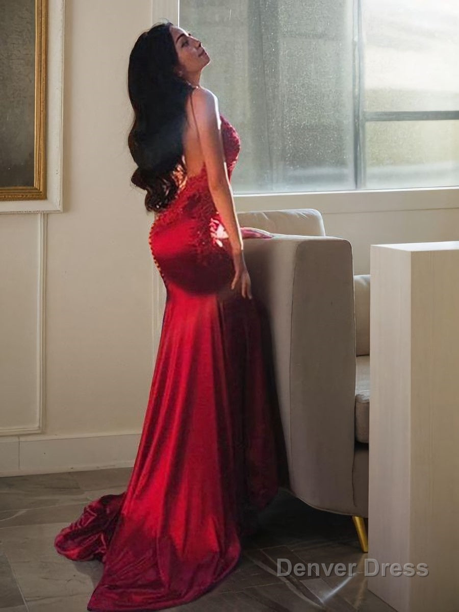 Sheath Column Spaghetti Straps Sweep Train Silk like Satin Prom Dresses With Appliques Lace