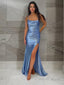 Sheath Column Spaghetti Straps Sweep Train Silk like Satin Prom Dresses With Leg Slit