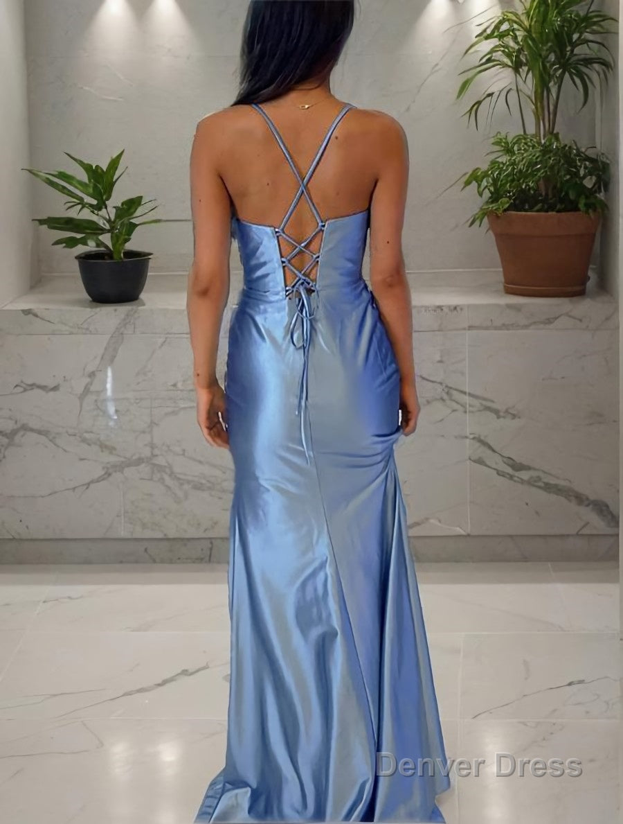 Sheath Column Spaghetti Straps Sweep Train Silk like Satin Prom Dresses With Leg Slit Secondary image