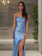Sheath Column Spaghetti Straps Sweep Train Silk like Satin Prom Dresses With Leg Slit
