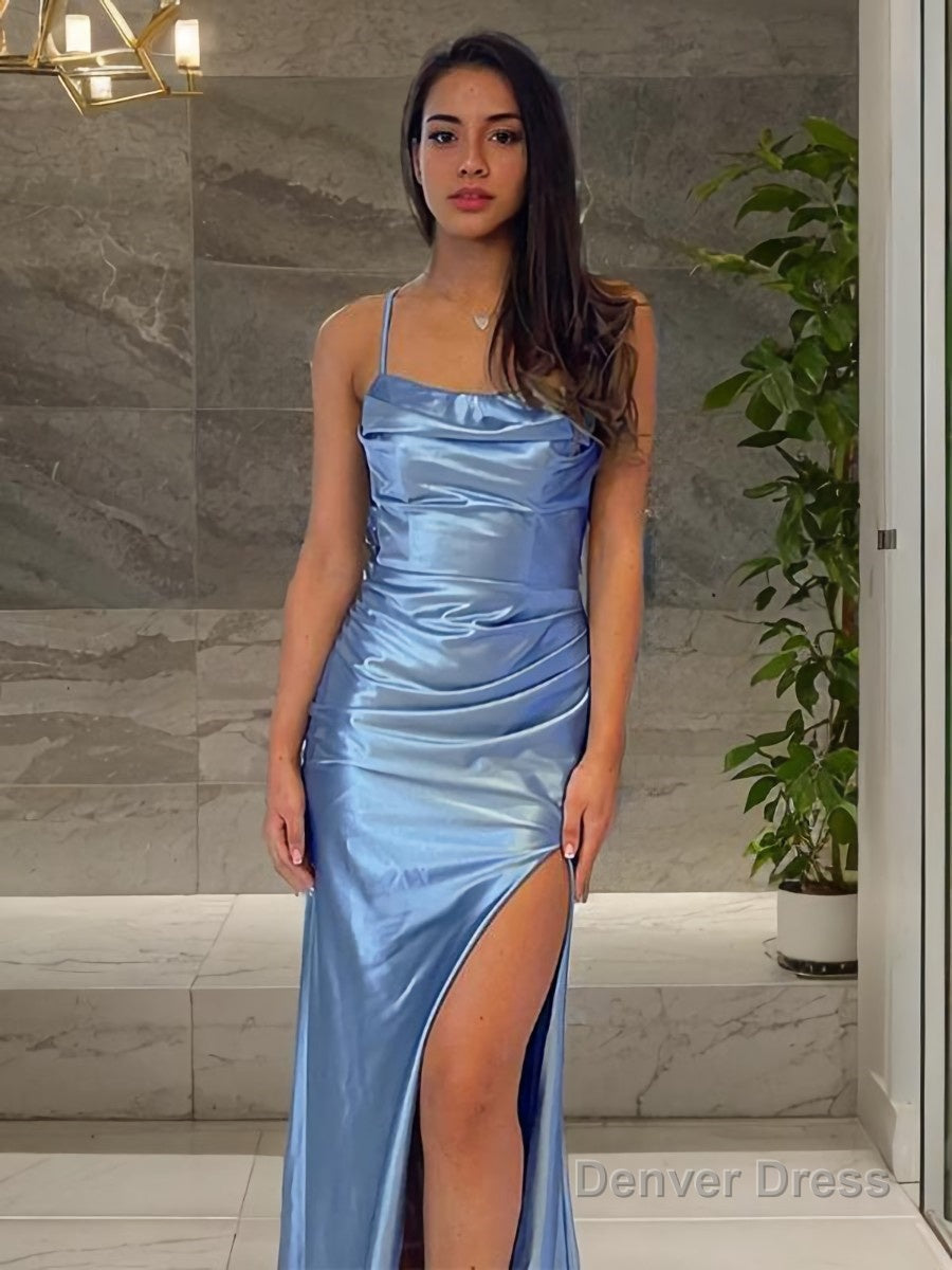 Sheath Column Spaghetti Straps Sweep Train Silk like Satin Prom Dresses With Leg Slit