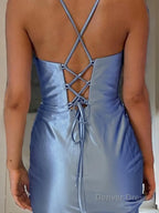 Sheath Column Spaghetti Straps Sweep Train Silk like Satin Prom Dresses With Leg Slit
