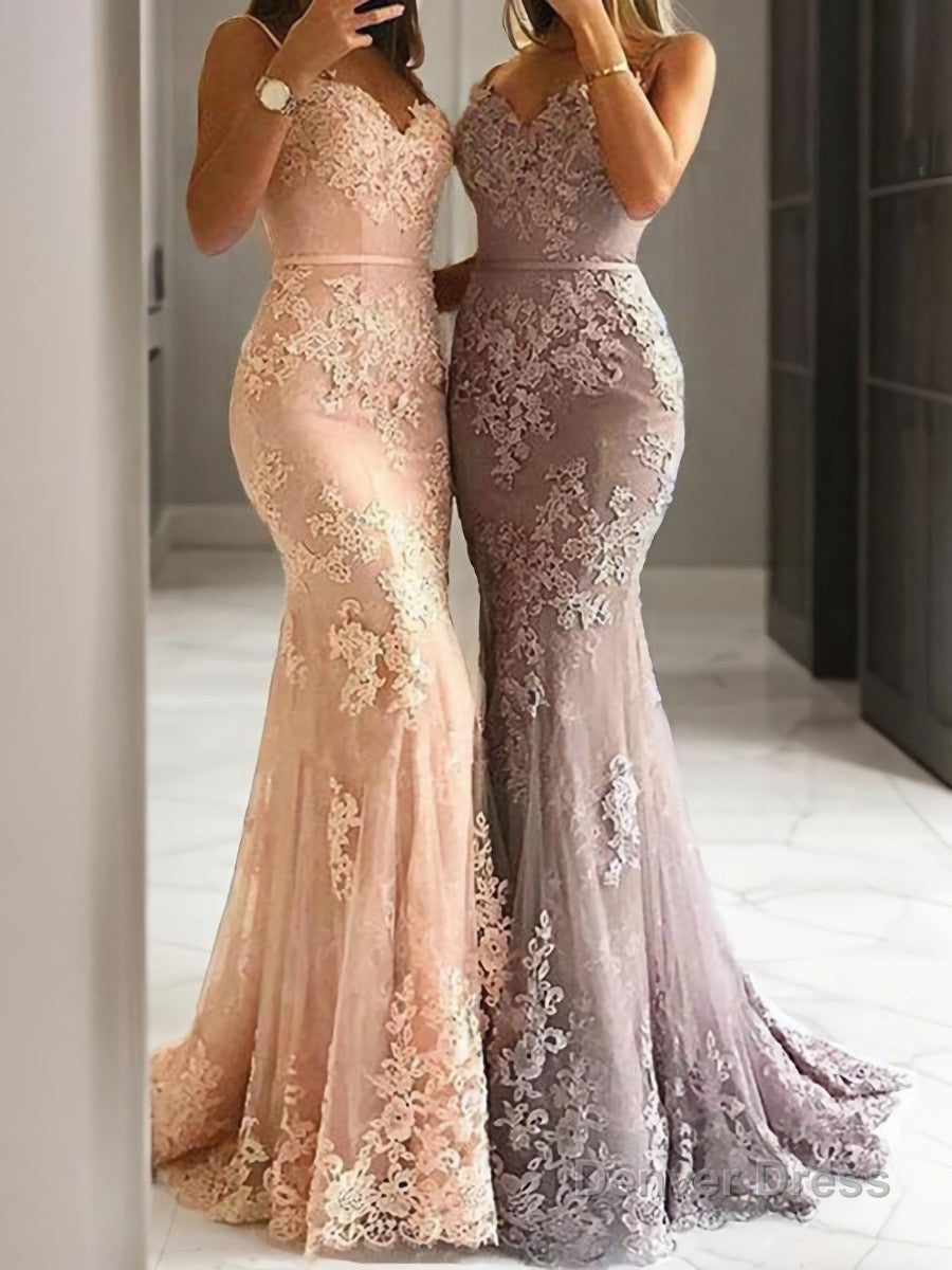Sheath Column Spaghetti Straps Sweep Train Tulle Prom Dresses With Appliques Lace