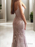 Sheath Column Spaghetti Straps Sweep Train Tulle Prom Dresses With Appliques Lace