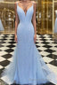 Sheath Column Spaghetti Straps Sweep Train Tulle Prom Dresses With Sequin