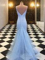 Sheath Column Spaghetti Straps Sweep Train Tulle Prom Dresses With Sequin