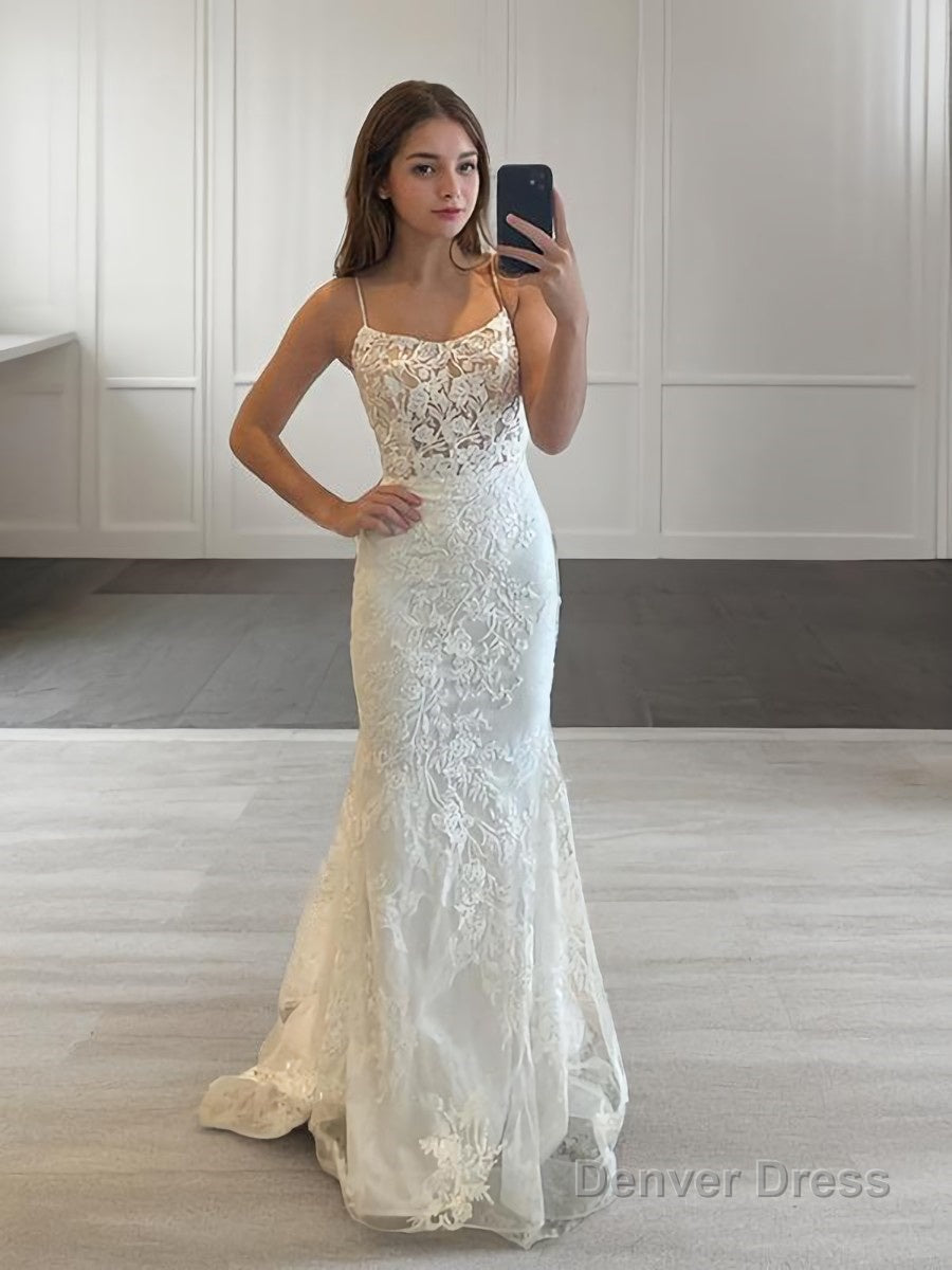Sheath Column Spaghetti Straps Sweep Train Tulle Prom Dresses With Appliques Lace Main image