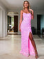 Sheath Column Spaghetti Straps Sweep Train Velvet Sequins Prom Dresses With Leg Slit