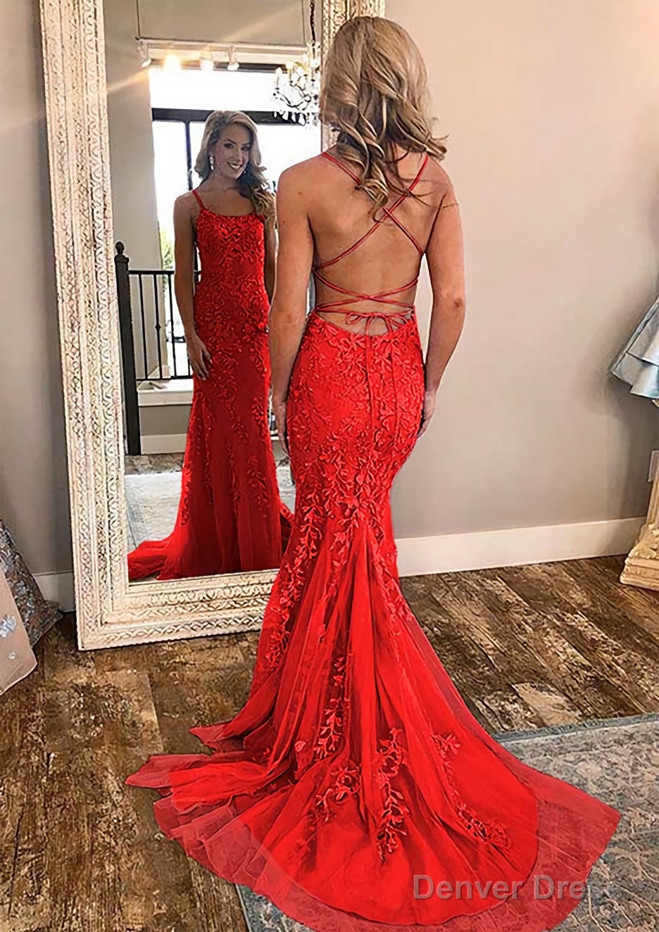 Sheath Column Square Neckline Sleeveless Court Train Lace Prom Dresses With Appliqued