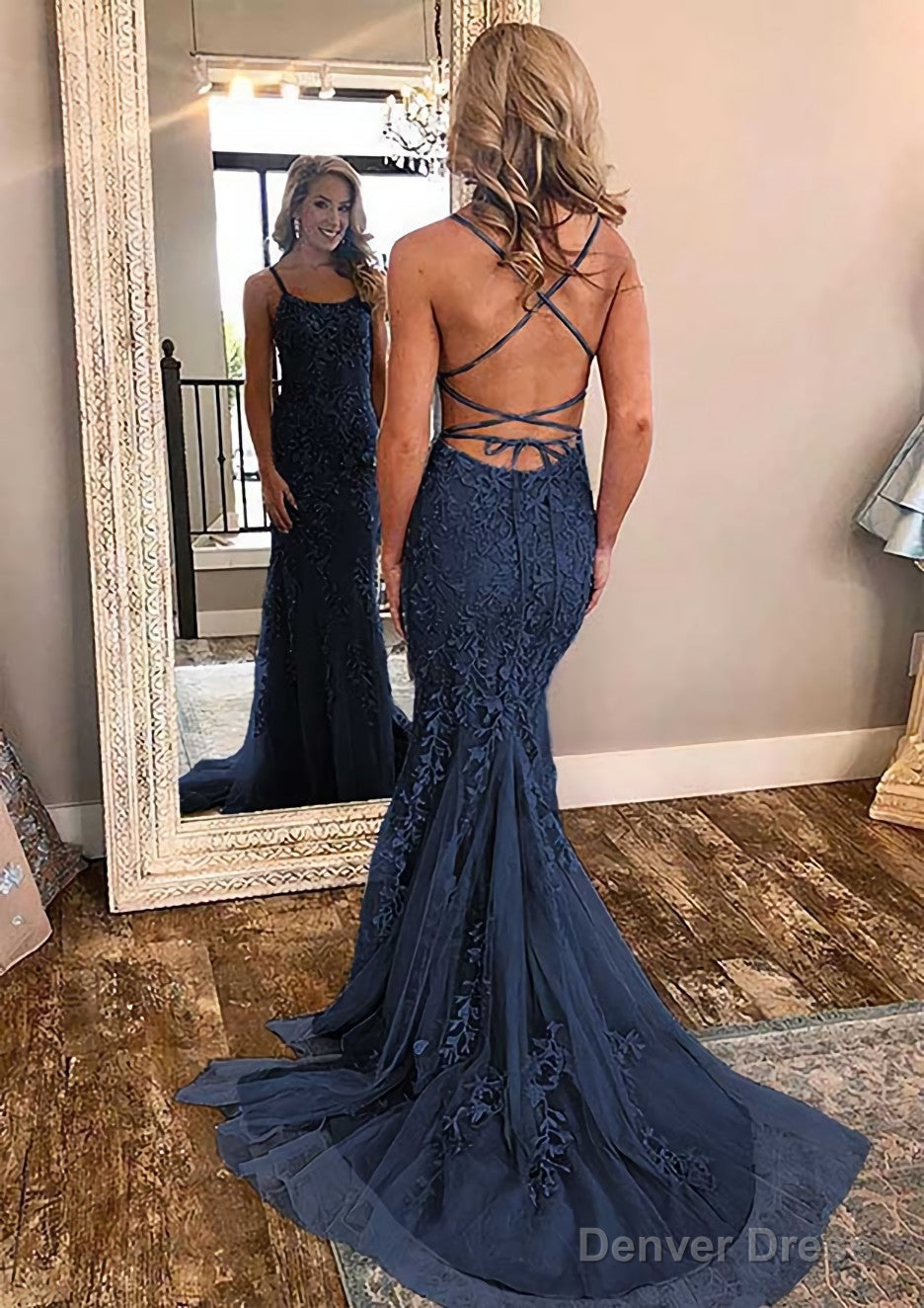 Sheath Column Square Neckline Sleeveless Court Train Lace Prom Dresses With Appliqued Secondary image