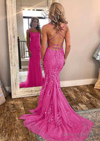 Sheath Column Square Neckline Sleeveless Court Train Lace Prom Dresses With Appliqued