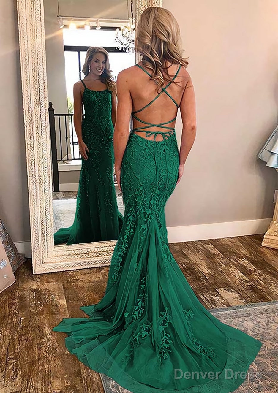 Sheath Column Square Neckline Sleeveless Court Train Lace Prom Dresses With Appliqued