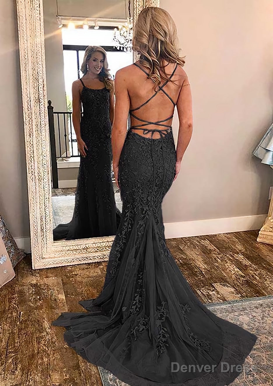 Sheath Column Square Neckline Sleeveless Court Train Lace Prom Dresses With Appliqued