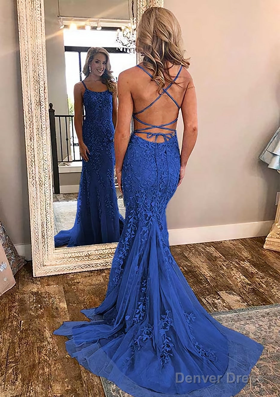 Sheath Column Square Neckline Sleeveless Court Train Lace Prom Dresses With Appliqued